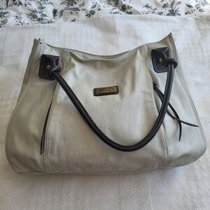 Avorio Large Leather Tote Bag - Cream with Dark Brown Trim